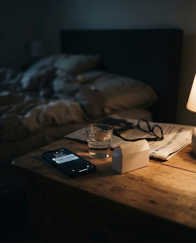 La mesa de noche. Lo que se instala sin que uno lo decida: el vaso, la caja y la hora.