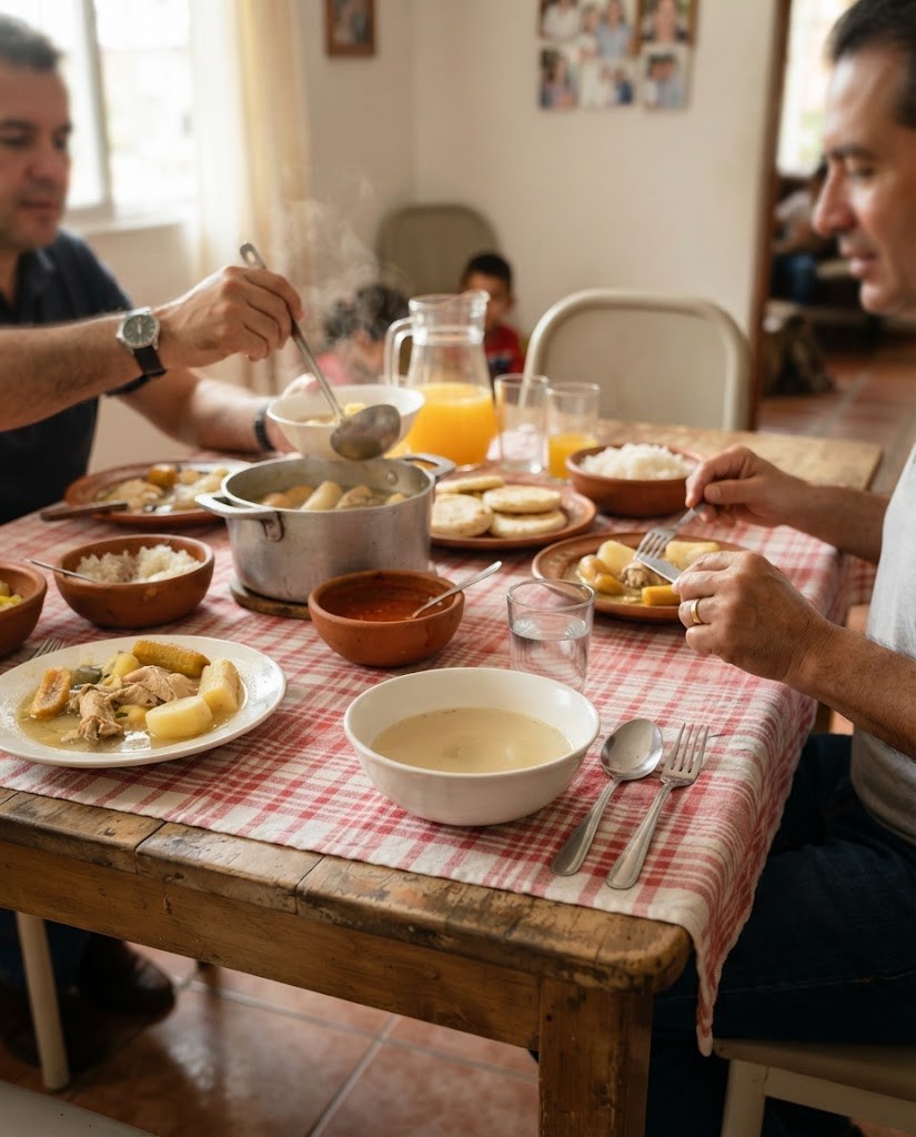 Almuerzo de domingo en familia. Uno de los platos lleva solo el caldo: sin ají, sin jugo, sin la presa.