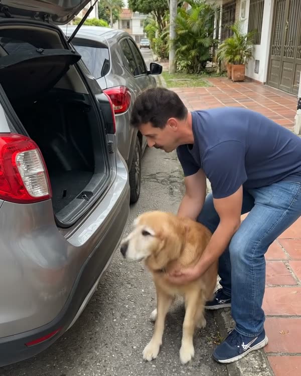 Escena recreada: el dueño carga al golden para subirlo al baúl