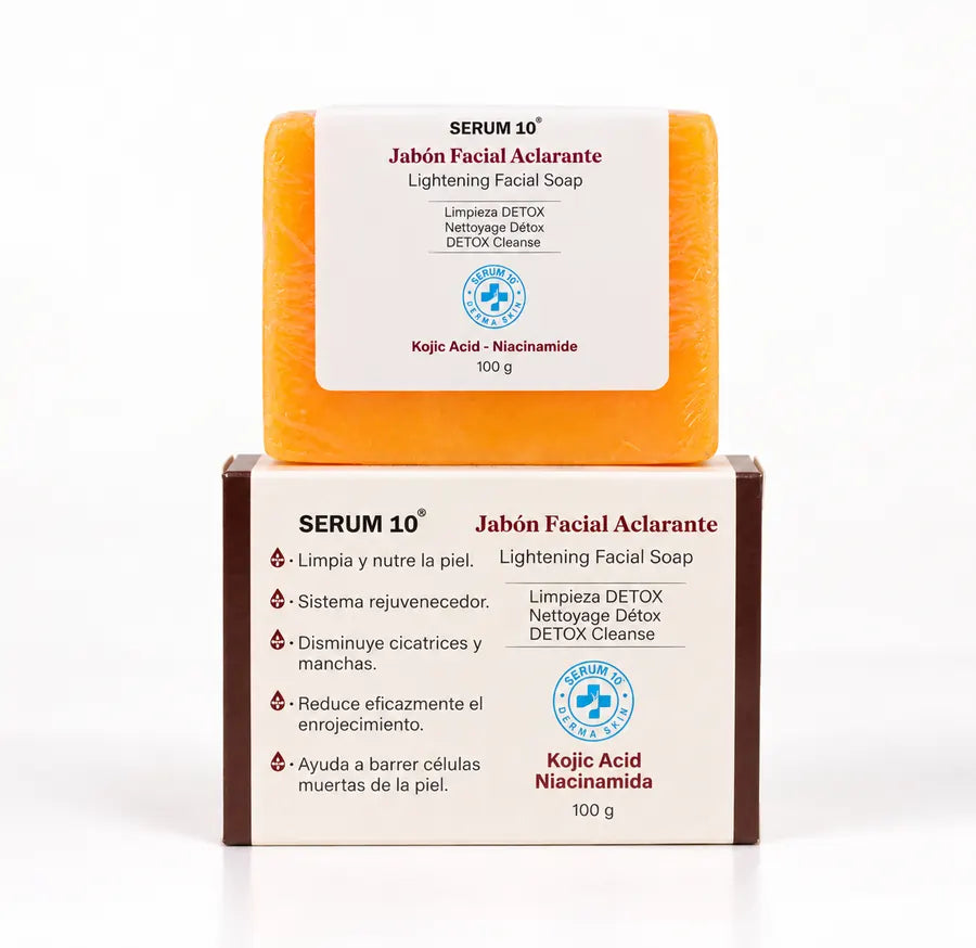 Jabón aclarante Serum 10 de ácido kójico y niacinamida con su caja