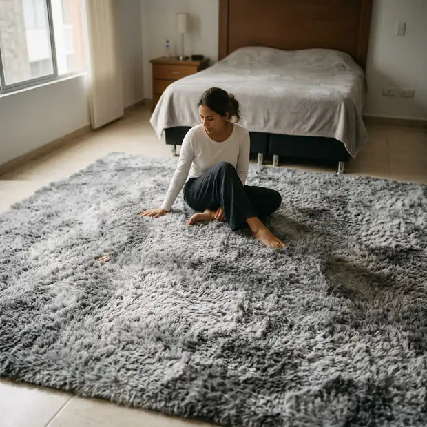 Mujer sentada sobre la alfombra Nuvella en su cuarto