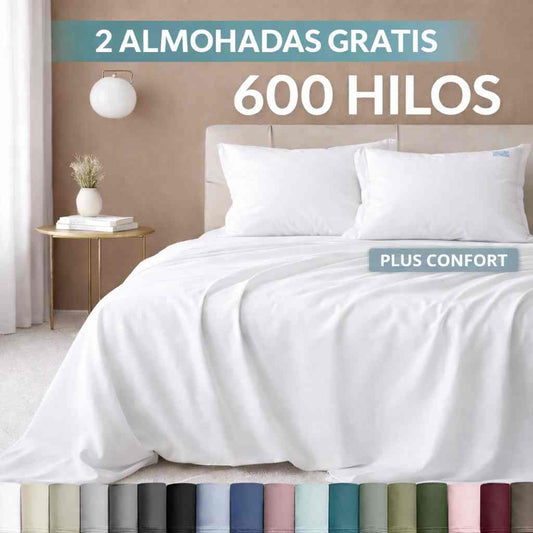 THE ROYAL® - COMBO SABANAS 600 HILOS + FUNDAS + 2 ALMOHADAS GRATIS
