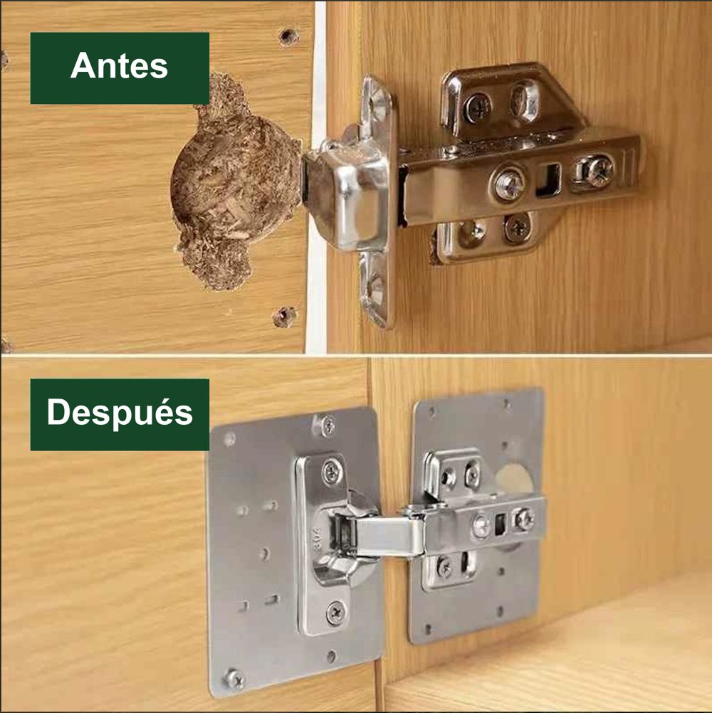 Antes: bisagra arrancada del aglomerado. Después: placa de acero con la bisagra encima (foto del proveedor)