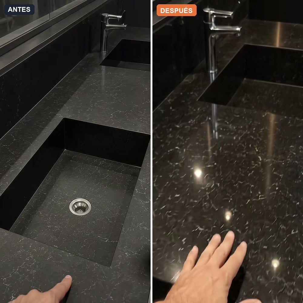Mesón de granito: antes opaco, después con brillo tras aplicar la cera a mano con un paño