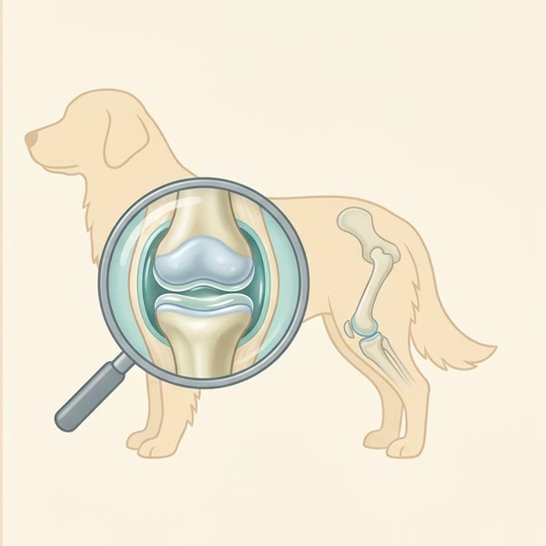 Ilustración de una articulación de perro con el cartílago grueso y líquido que lubrica