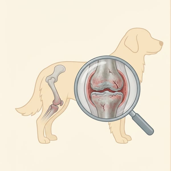 Ilustración de una articulación de perro con el cartílago gastado y los huesos muy juntos