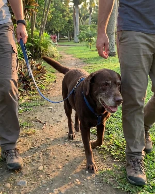 Escena recreada: el labrador camina contento al lado de su dueño en el parque