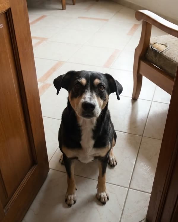 Escena recreada: el perro criollo sentado en la puerta, sin pararse