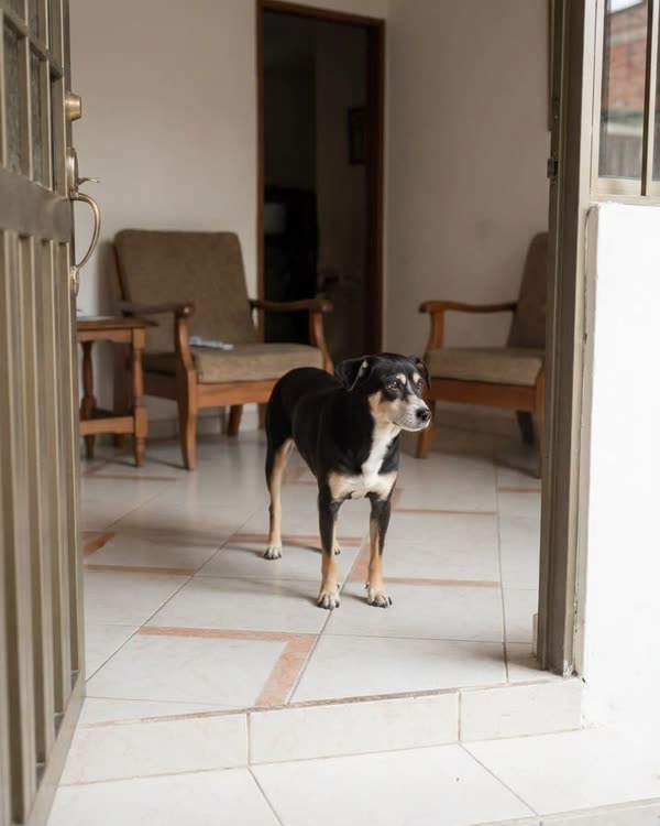 Escena recreada: el perro criollo camina a la puerta a recibir a su dueño