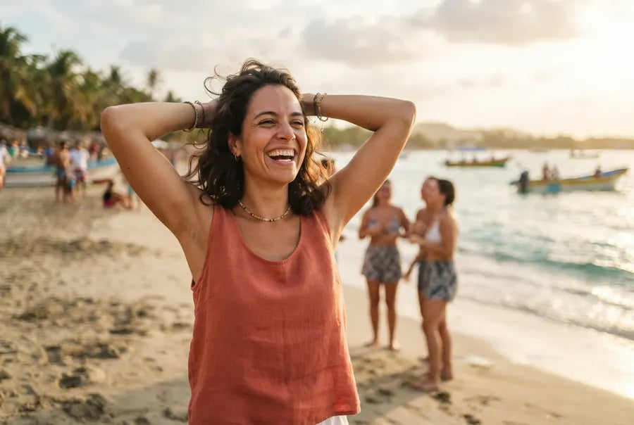 Mujer en la playa con los brazos arriba, tranquila
