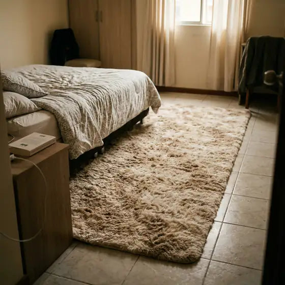 La alfombra Nuvella extendida a lo largo del costado de una cama doble