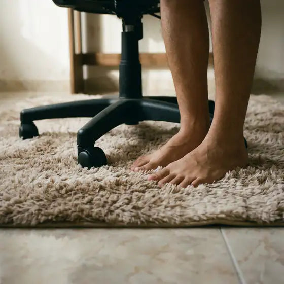 Pies descalzos sobre la alfombra Nuvella bajo un escritorio