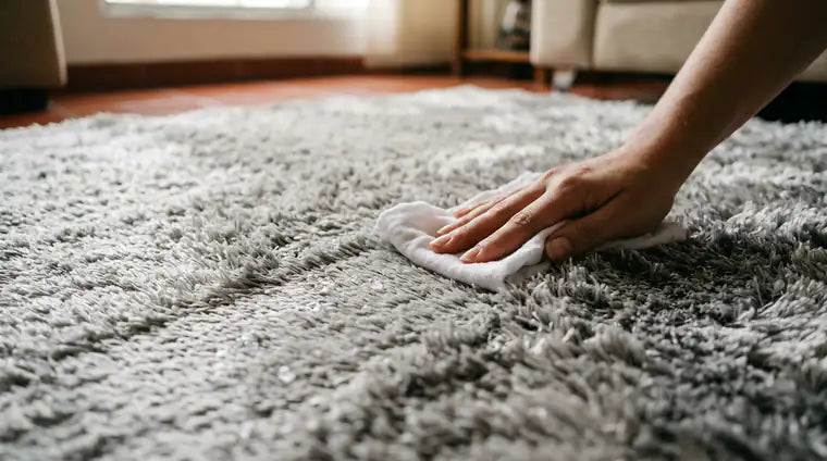 Una mano pasando una toalla húmeda sobre el pelo de la alfombra Nuvella